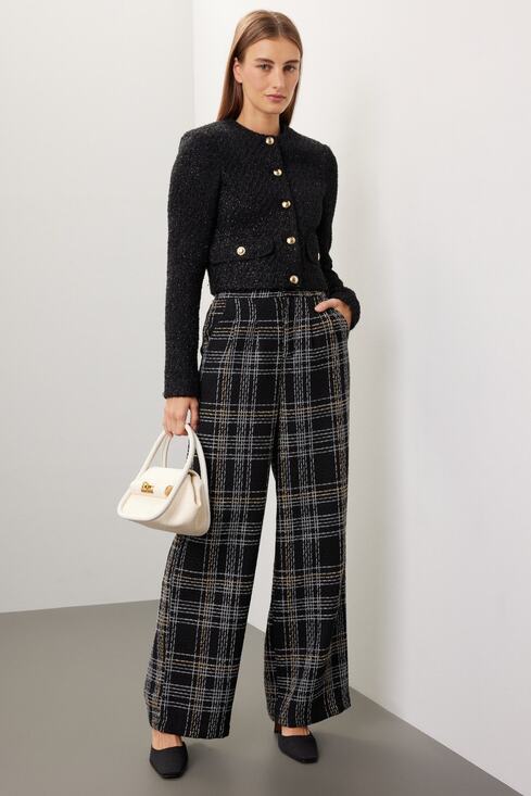 Slate & Willow Pants - Slate & Willow Black Plaid Tweed Wide Leg High Rise Trouser Dress Pants Size M